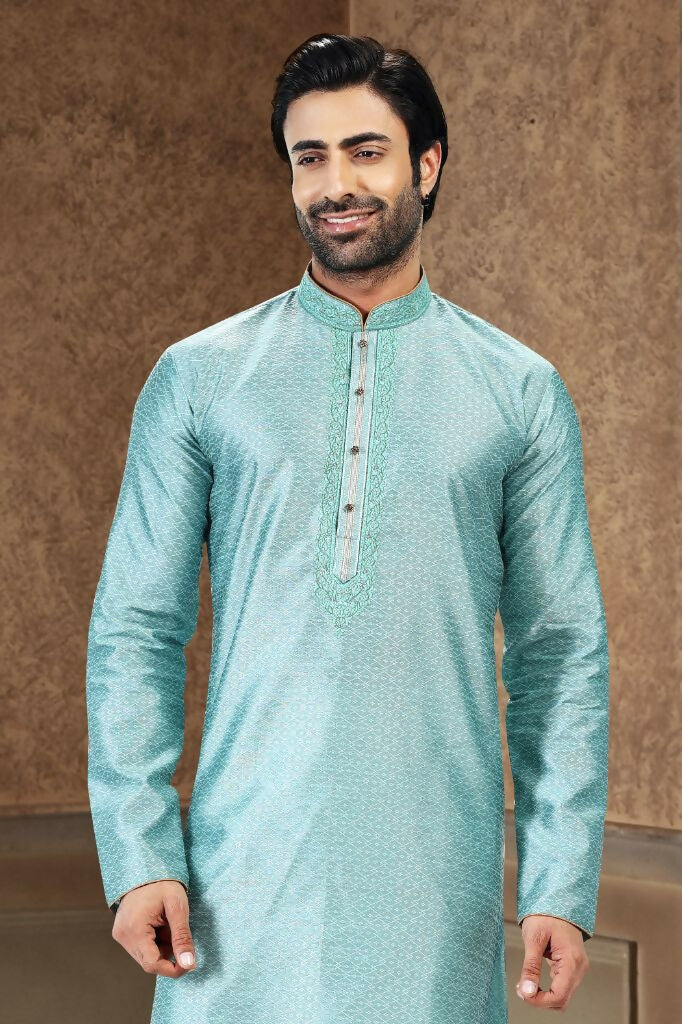 Raivat Ethnic Jacquard Banarasi Silk Thread Work Kurta Pajama In Sky Blue Colour
