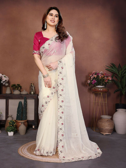 Teeya Creation New Womens Latest Party Wear Soft Chiffon Silk Saree-White