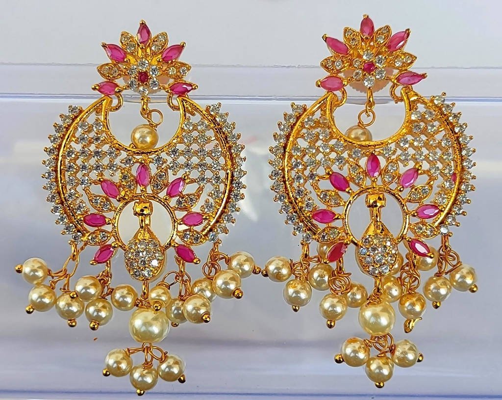 AD Ruby Designer Hanging Pearls Earrings
