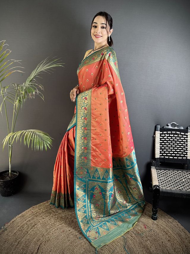 Elora Coral Pink Soft Silk Intricate Motifs Zari Weaving Banarasi Saree With Contrast Weaving Border