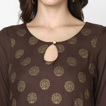 Indian Clothing Cheera Hand Block Print Brown A Line Kurta (MAAI-055K)