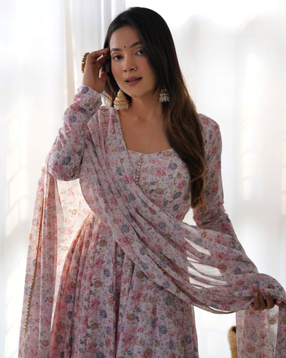 Teeya Creation Pink Color Digital Print Organza Chiffon Anarkali With Pants And Dupatta
