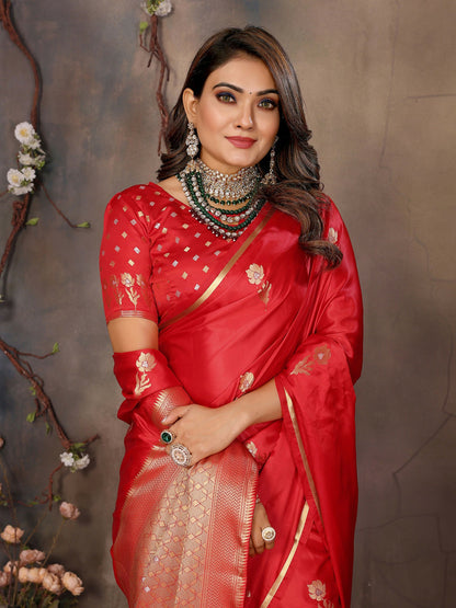 Joban Fashion Red Floral & Botanical Motifs Satin Silk Banarasi Silk Saree