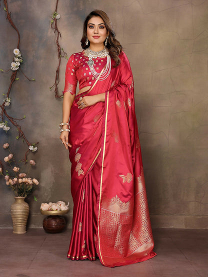 Joban Fashion Red Floral Motifs Banarasi Silk Sarees