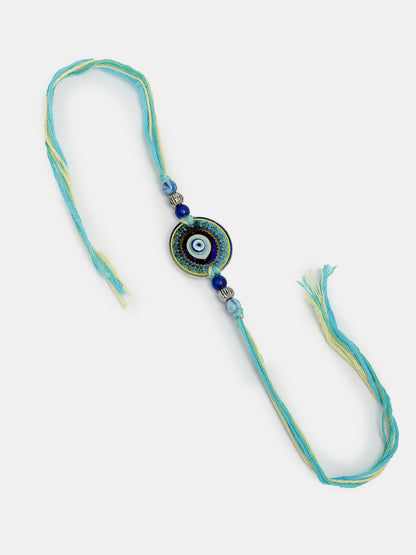 NVR Women & Men Set of 2 Blue Evil Eye & Beaded Bhaiya Bhabi Rakhi With Roli Chawal