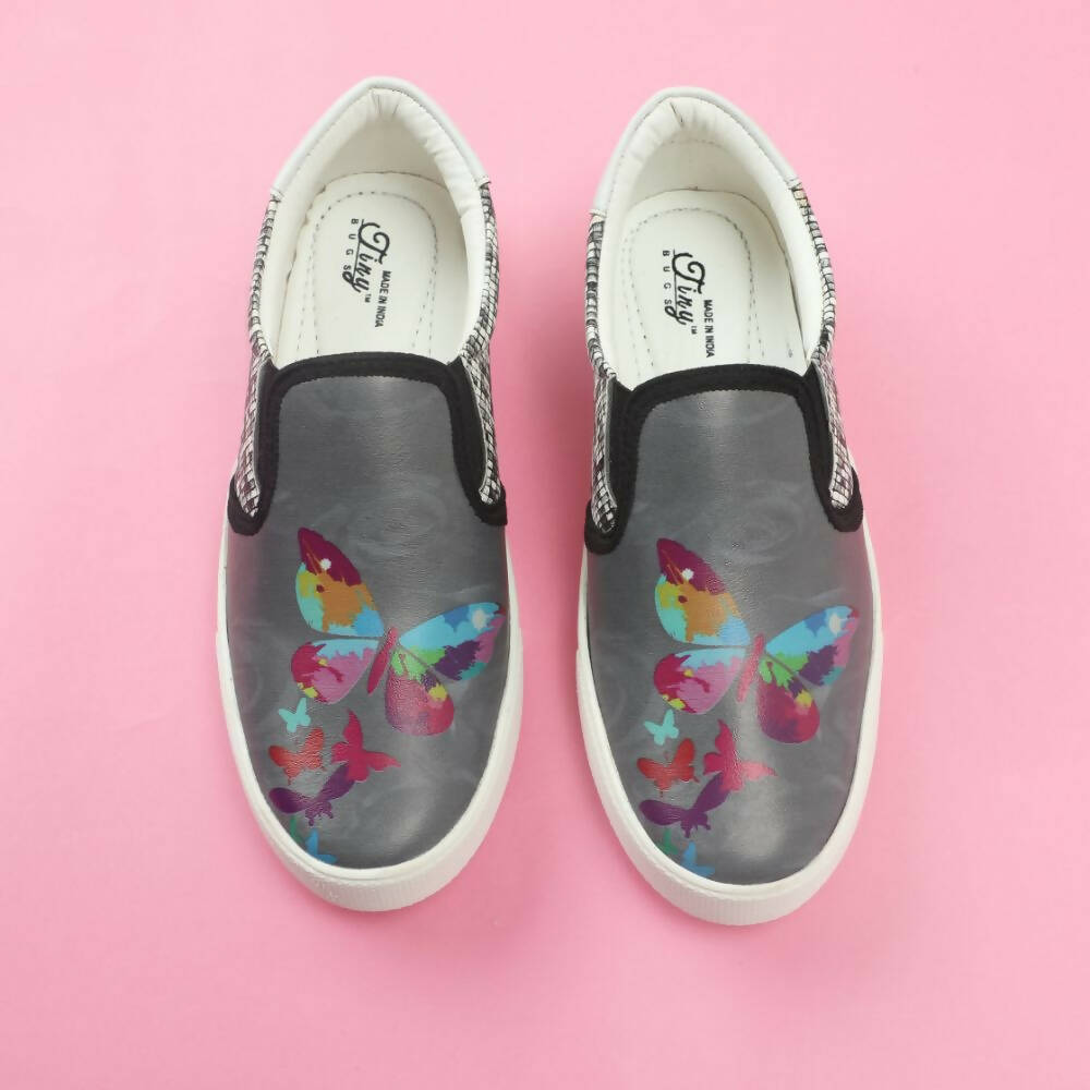 Tiny Bugs Girls Butterfly Print Slip Ons Sneakers - Dark Grey