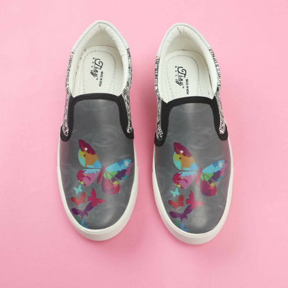 Tiny Bugs Girls Butterfly Print Slip Ons Sneakers - Dark Grey