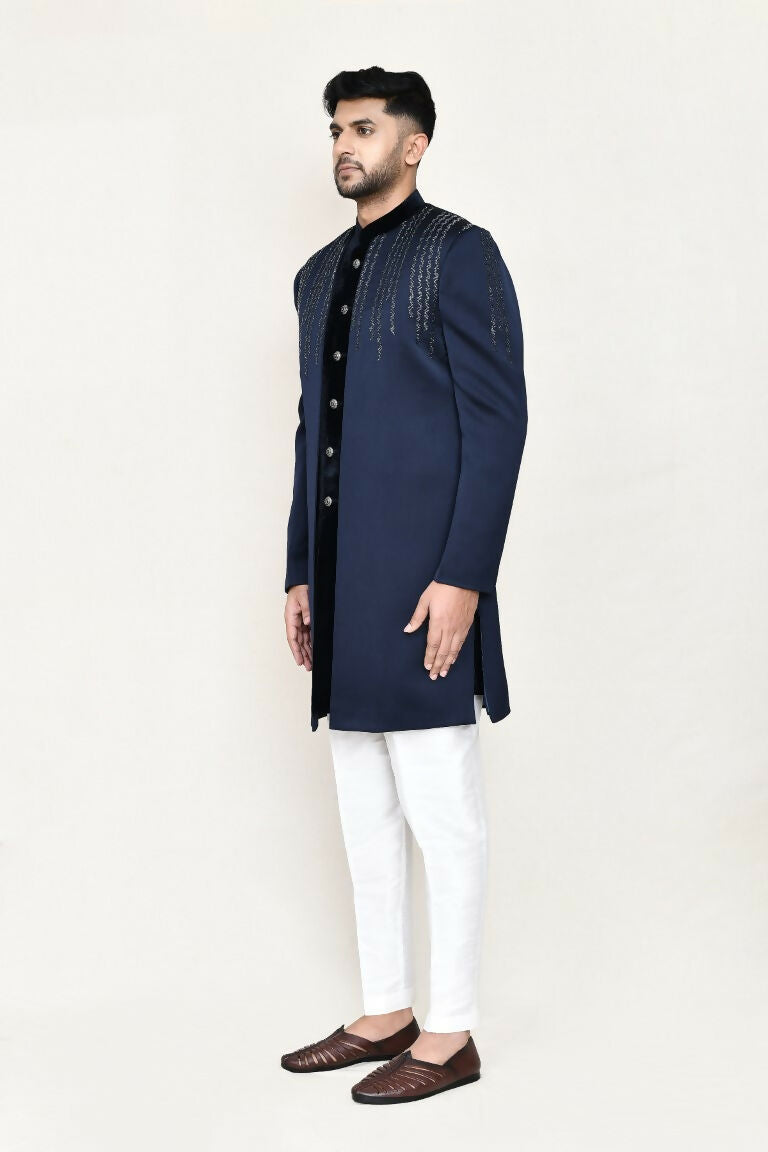 Joban Fashion Blue Colored Velvet Fabric Open Jacket, Indo Western With Straight Fit Pant