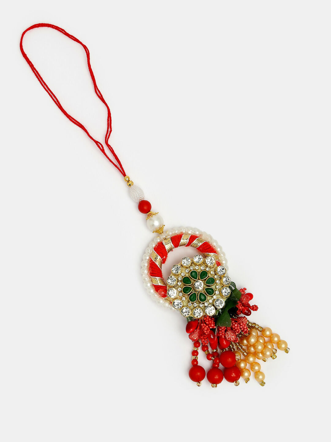 NVR Women & Men Set of 2 Red & Gold Toned Stone-Studded & Beaded Bhaiya Bhabhi Rakhi With Roli Chawal