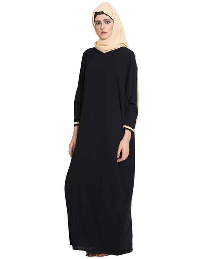 Bashariya Elegant Kaftan Abaya In Free Size With Contrast Detailings-Black