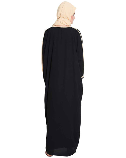 Bashariya Elegant Kaftan Abaya In Free Size With Contrast Detailings-Black
