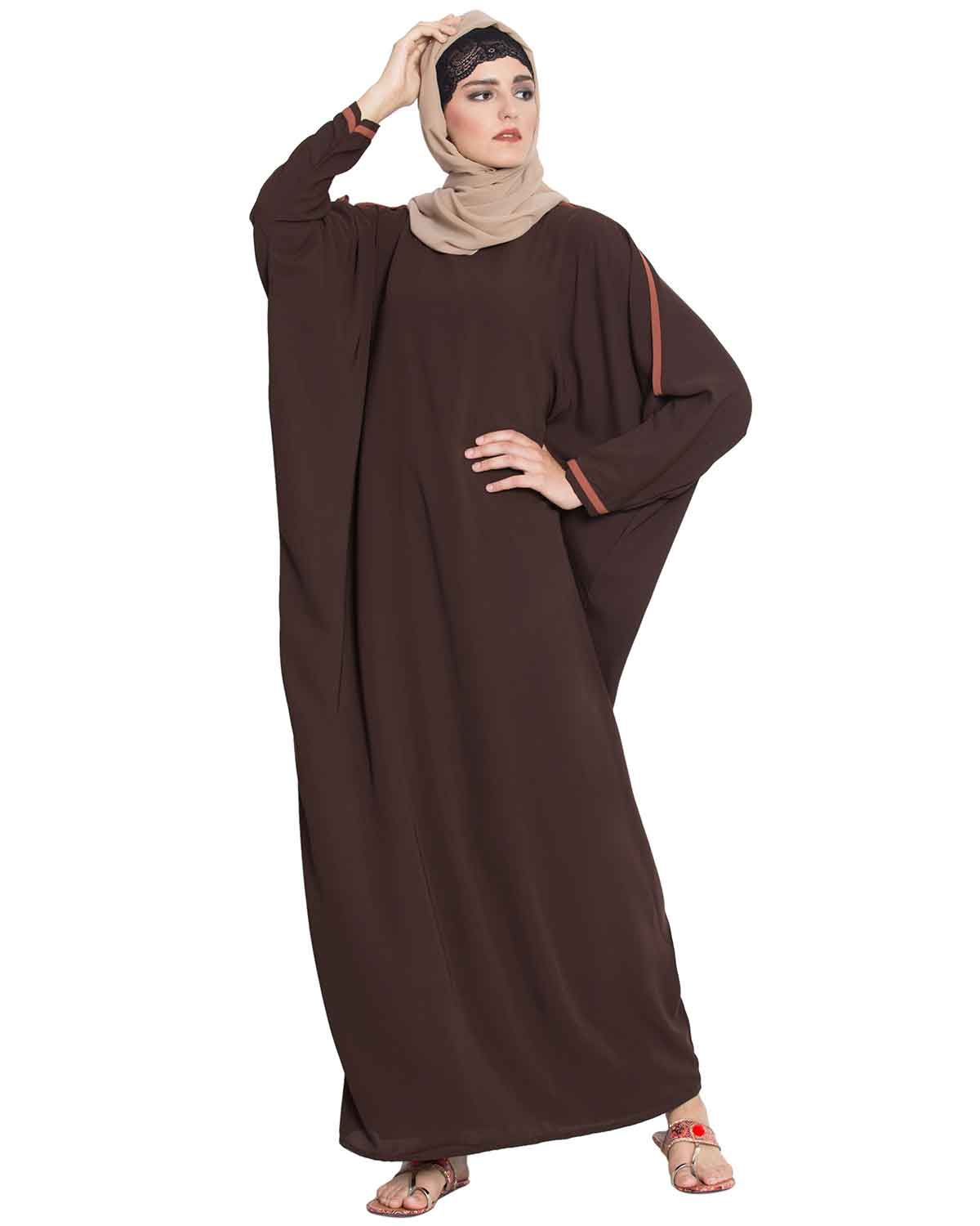 Bashariya Elegant Kaftan Abaya In Free Size With Contrast Detailings-Brown