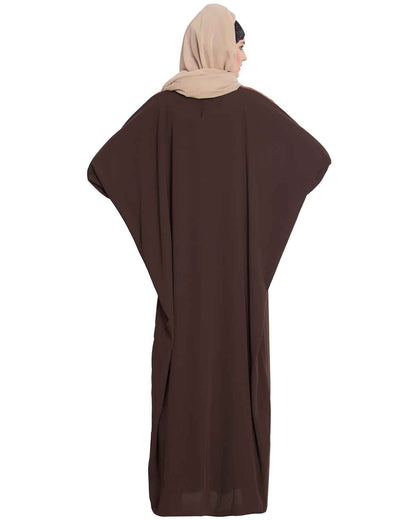 Bashariya Elegant Kaftan Abaya In Free Size With Contrast Detailings-Brown