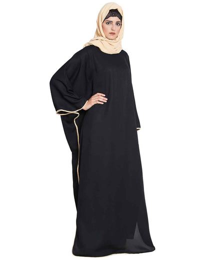 Bashariya Elegant Kaftan Abaya In Free Size With Contrast Detailings-Black Fawn