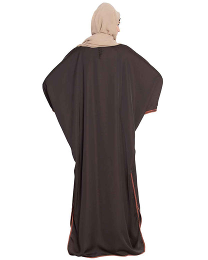Bashariya Elegant Kaftan Abaya In Free Size With Contrast Detailings-Brown Rust