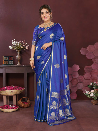 Joban Fashion Royal blue Floral Motifs Banarasi Silk Sarees
