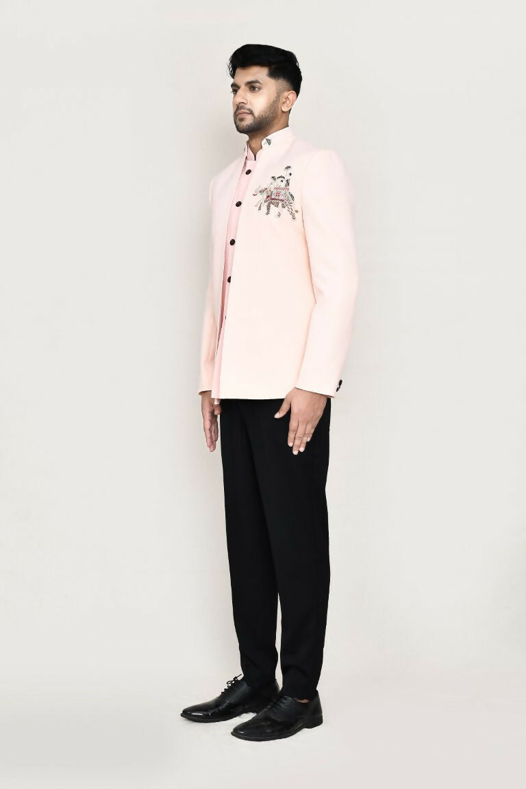 Joban Fashion Peach Colored Imported Polyester Fabric Open Prince Coat, Jacket With Pant