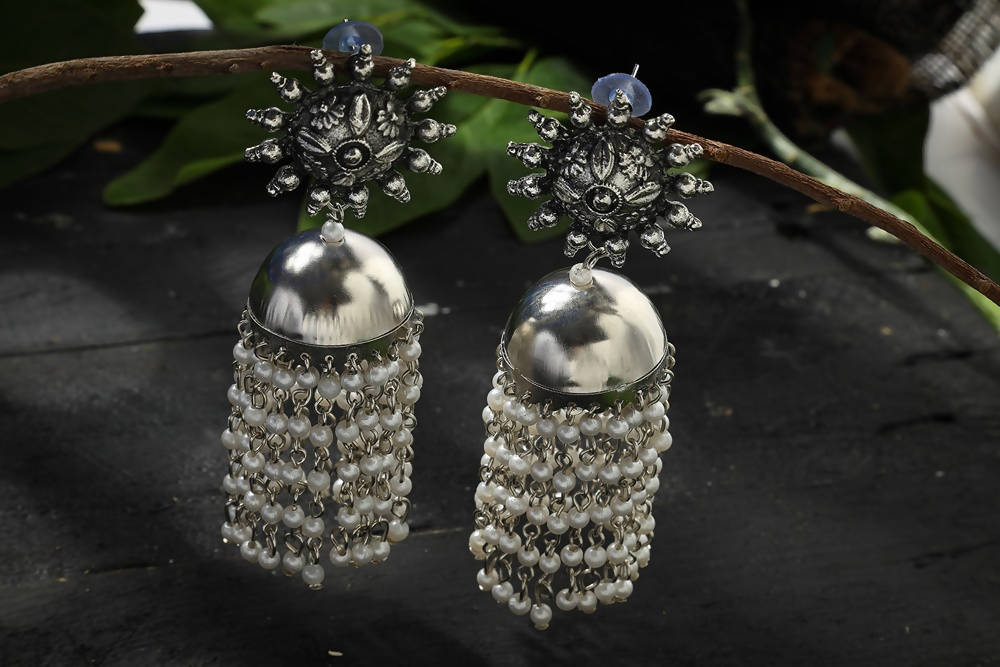 Mominos Fashion Johar Kamal Silver-Plated Earrings With Pearls Jhumkas
