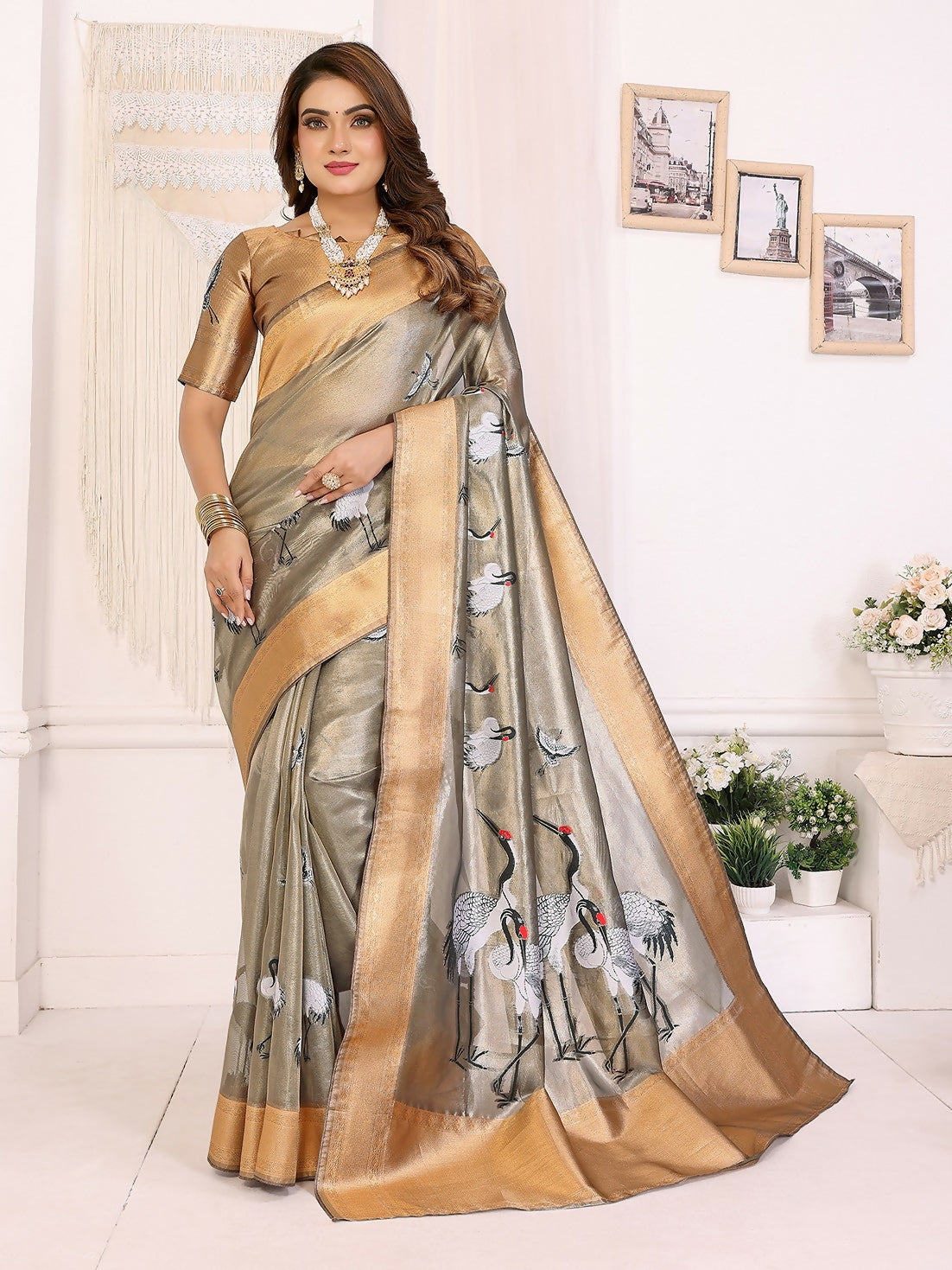 Joban Fashion Golden Cranes Patterns Banarasi Silk Sarees