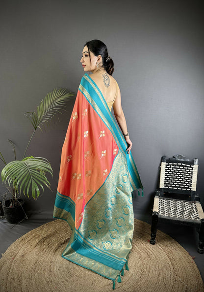 Joban Fashion Peach Banarasi Soft Silk Woven Saree