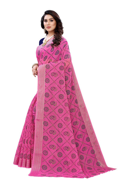 Vamika Pink and Blue Linen Jari Border Saree (CHARVI PINK)