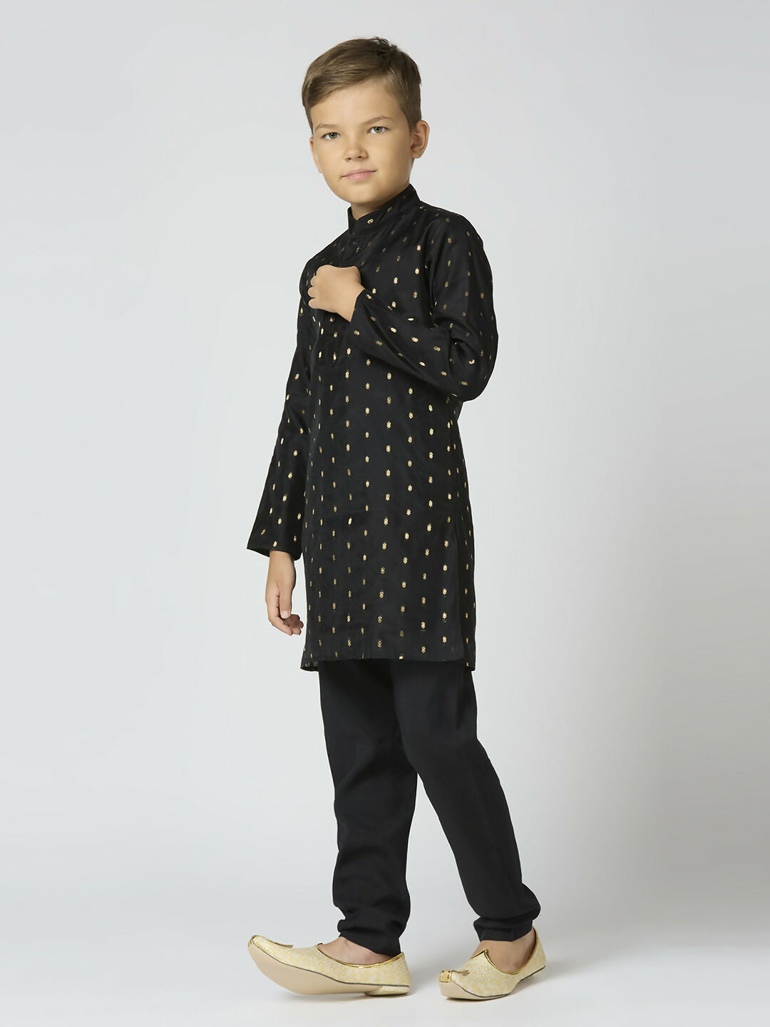Joban Fashion Kids Island Full Sleeves Chanderi Kurta, Pyjama Set with Traditional Butta Work - Black