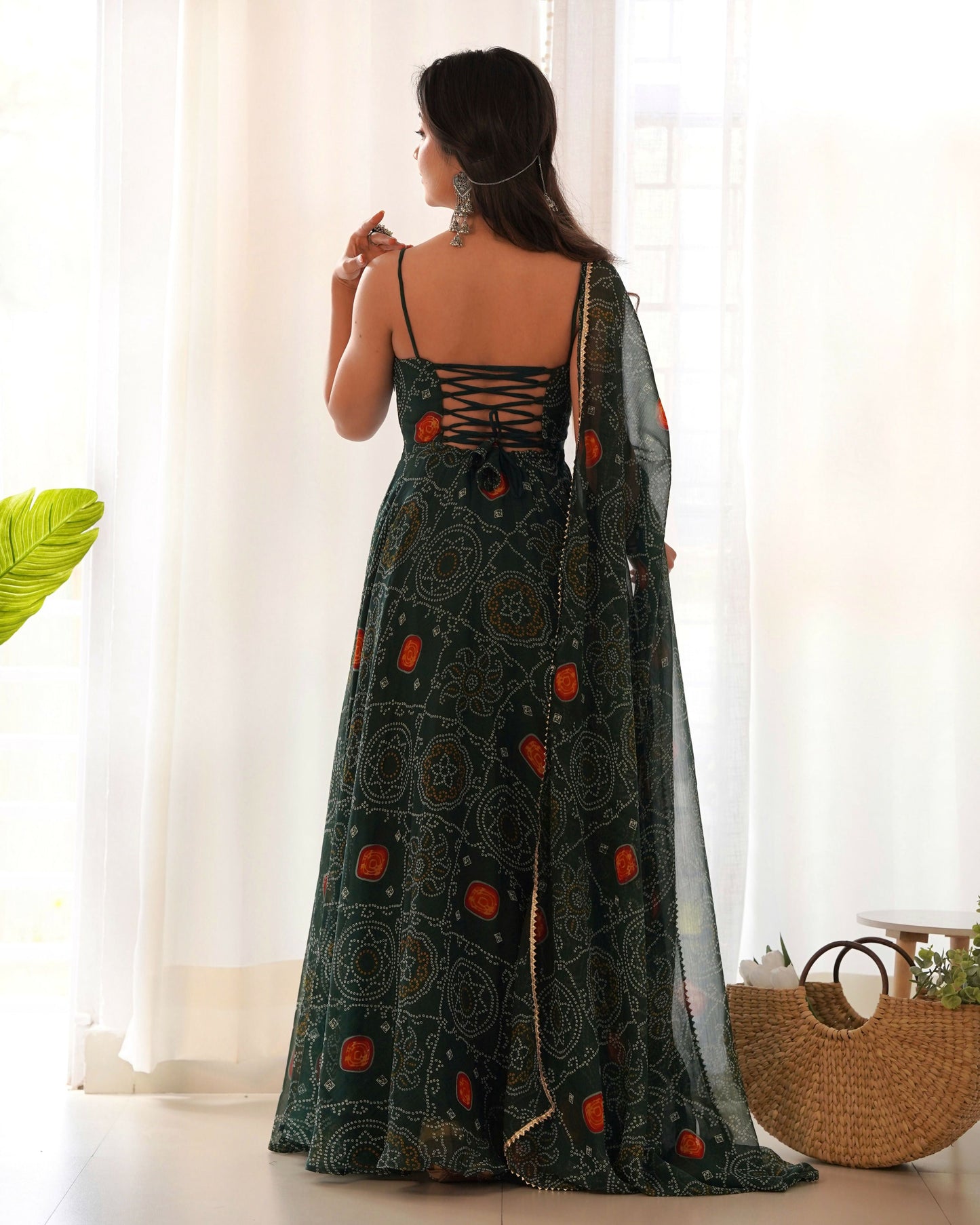 Joban Fashion Bottle Green Kurta Set Chiffon Sequin Embroidery Work