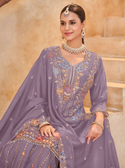 Anaita Lavender Vichitra Silk Readymade Palazzo Suit with Embroidery & Lace Work