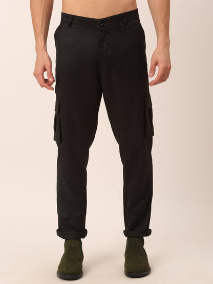 Jainish Men's Casual Cotton Solid Cargo Pants ( KGP 154 Black )