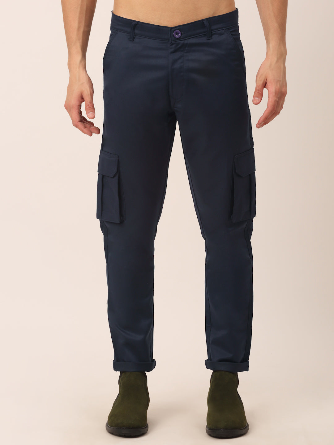 Jainish Men's Casual Cotton Solid Cargo Pants ( KGP 154 Navy-Blue )