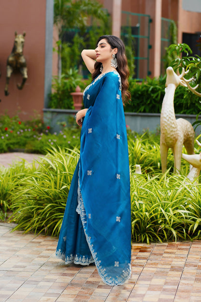 Vastranavya Firozi Embroidery Work Shimmer Chiffon Saree with Unstitched Blouse
