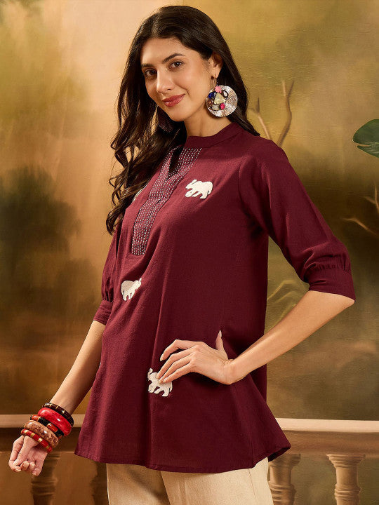 Sangria Women Embroidered Mandarin Collar Cuffed Sleeve Top