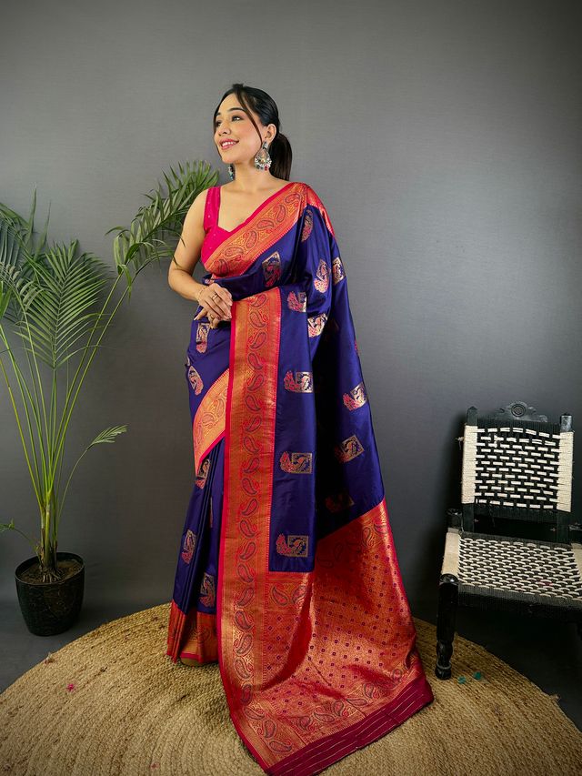 Elora Dark Blue Soft Silk Peacock Pattern Zari Weaving Contrast Border Banarasi Saree