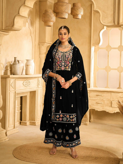 Anaita Black Embroidered Velvet Stitched Plazo Suit