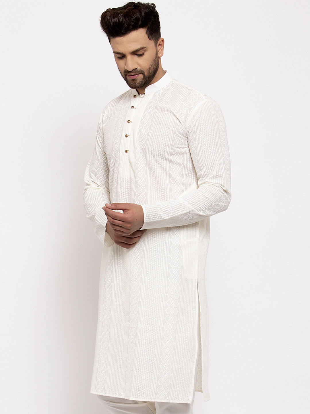 Jompers Men Cream Embroidered Kurta Only