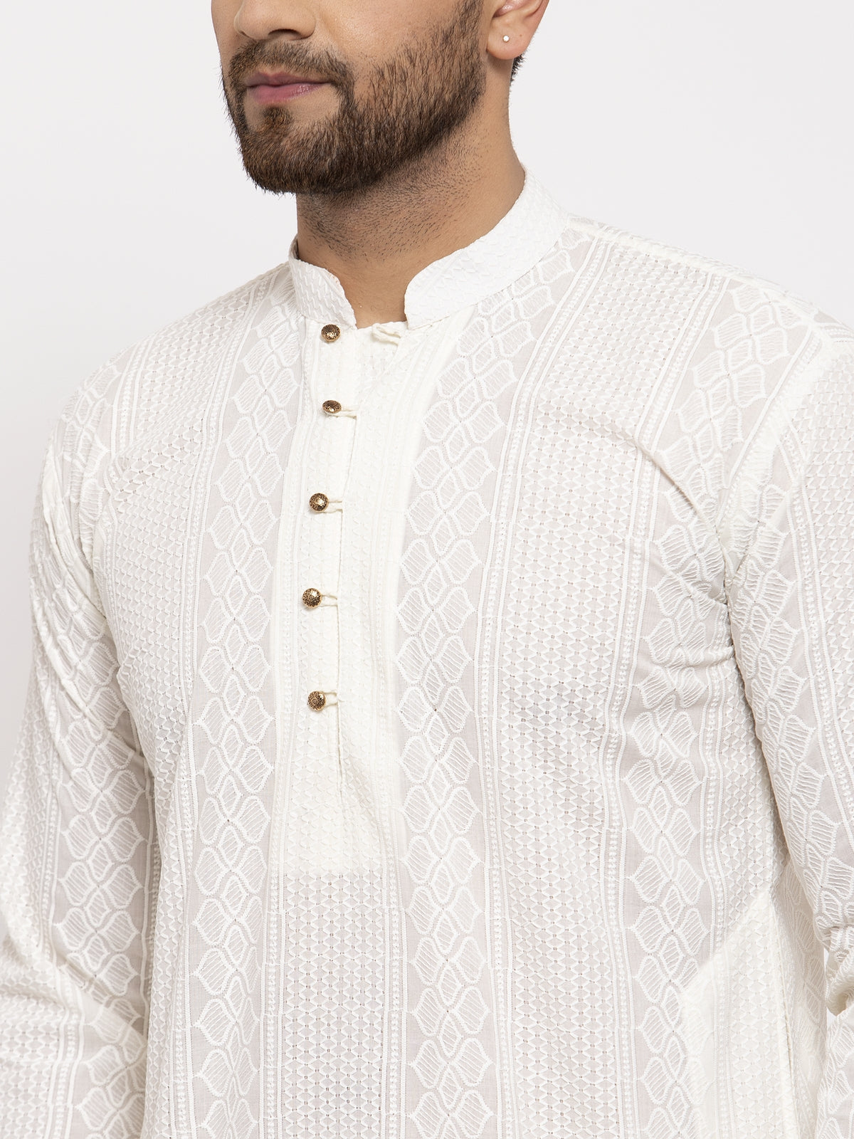 Jompers Men Cream Embroidered Kurta Only
