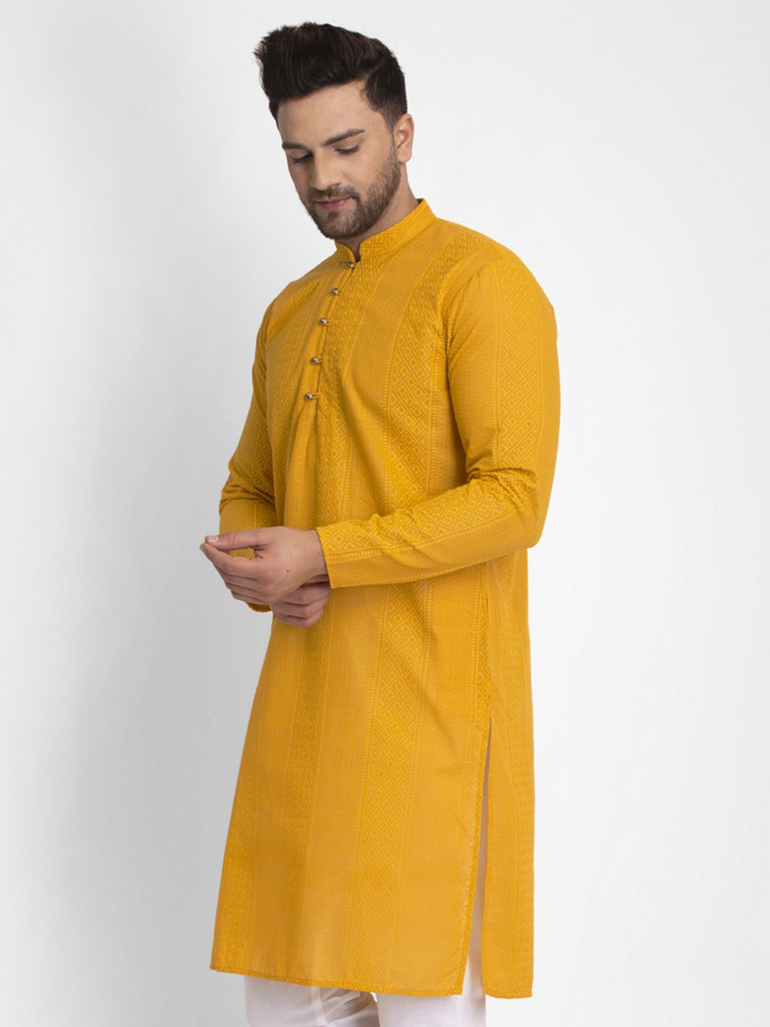 Jompers Men Mustard Embroidered Kurta Only