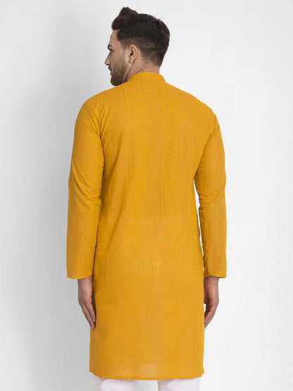 Jompers Men Mustard Embroidered Kurta Only