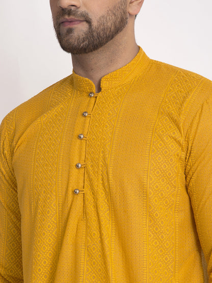 Jompers Men Mustard Embroidered Kurta Only