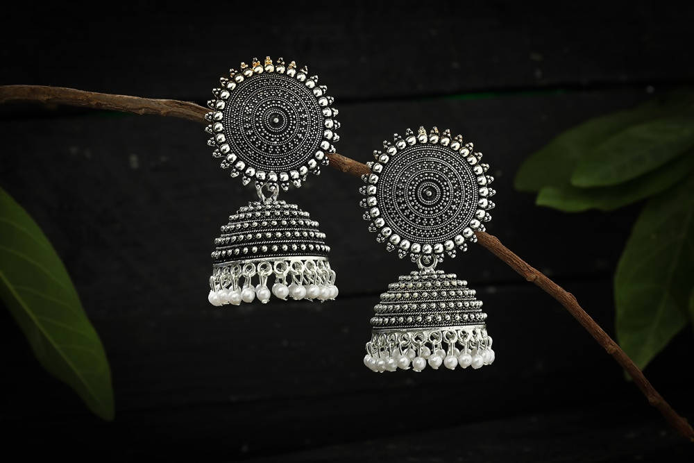 Mominos Fashion Johar Kamal Silver Color Jhumkas With White Pearls Earrings