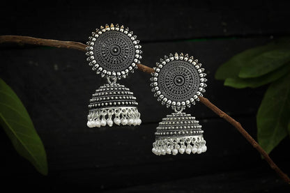 Mominos Fashion Johar Kamal Silver Color Jhumkas With White Pearls Earrings