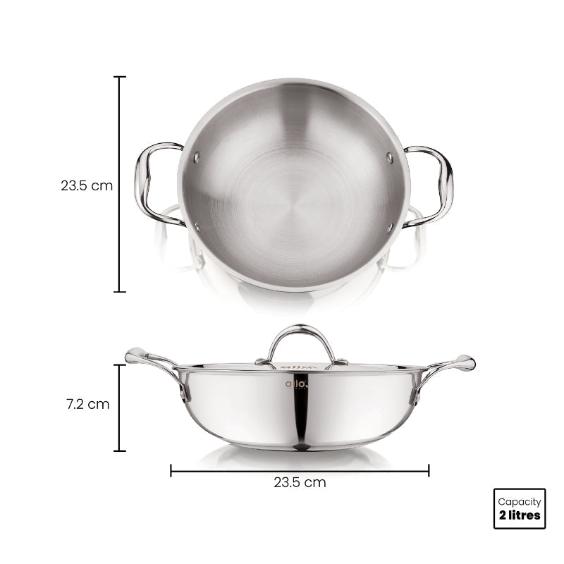 Allo Isla CookSafe Triply Kadhai With Stainless Steel Lid | Non Toxic |1.2L, 1.5L, 2L, 3L, 4L, 5.5L, 6.8L, 7L