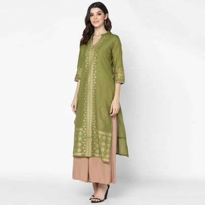 Cheera Hand Block Print Military Color Straight Kurta (MAAI-050K)