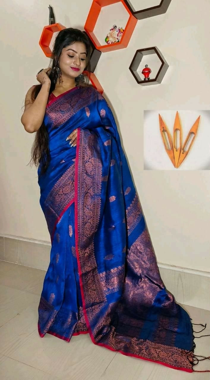 Exclusive Collection Beautiful Linen Banarashi Blue Pure Cotton Handloom Saree With Running Blouse Piece