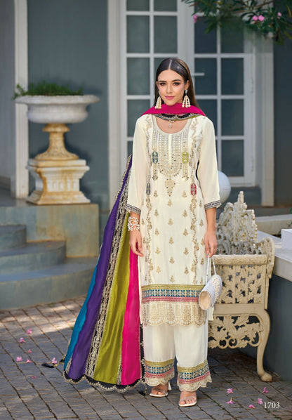 Anaita White Premium Embroidered Chinon Stitched Salwar Suit