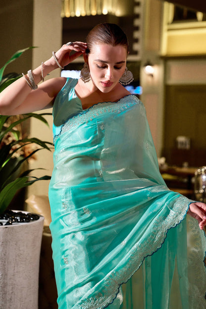 Vastranavya Turquoise Embroidery Work Shimmer Chiffon Saree with Unstitched Blouse