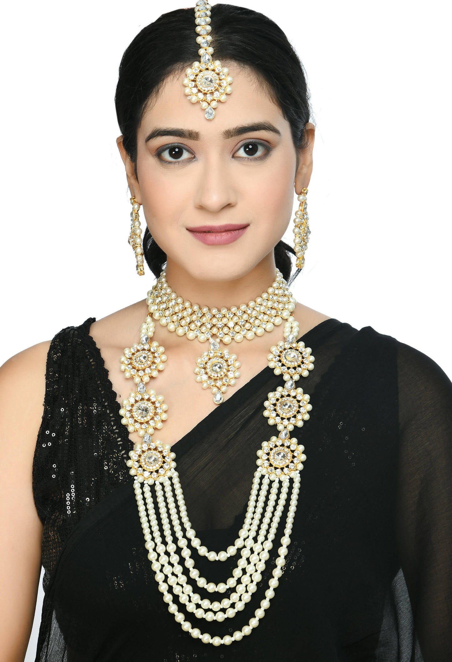 Mominos Fashion Johar Kamal Gold-Polished Rani Haar with Off white Pearls Jewellery Set