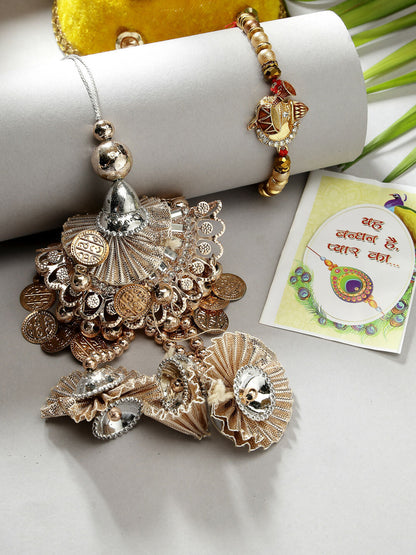 NVR Women & Men Set of 2 Gold Artificial beads Bhaiya Bhabhi Rakhi With Roli Chawal & Chocolate