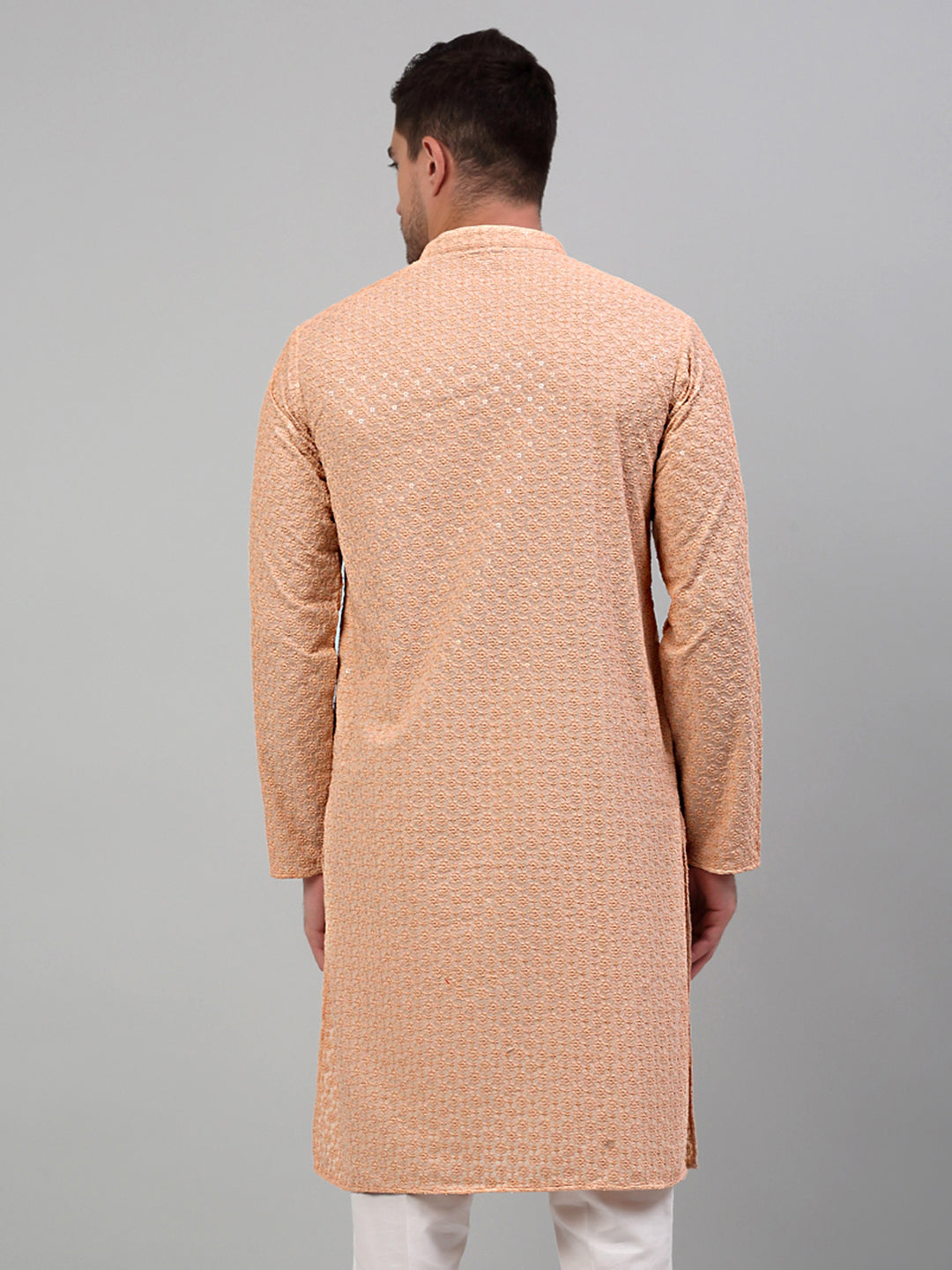 Jompers Men's Peach Chikankari Embroidered and Sequence Kurta Only