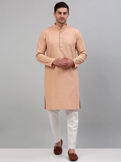 Jompers Men's Peach Chikankari Embroidered and Sequence Kurta Only